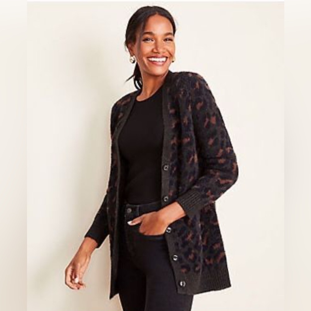Ann Taylor Black and Brown Leopard Textured Print,  Cardigan